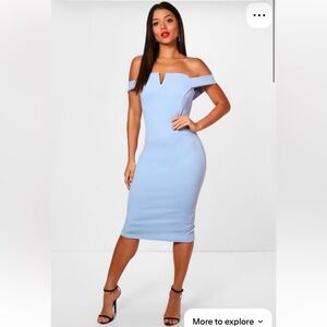NWT Boohoo Cara Off The Shoulder Midi Bodycon Dress in Cornflower Blue